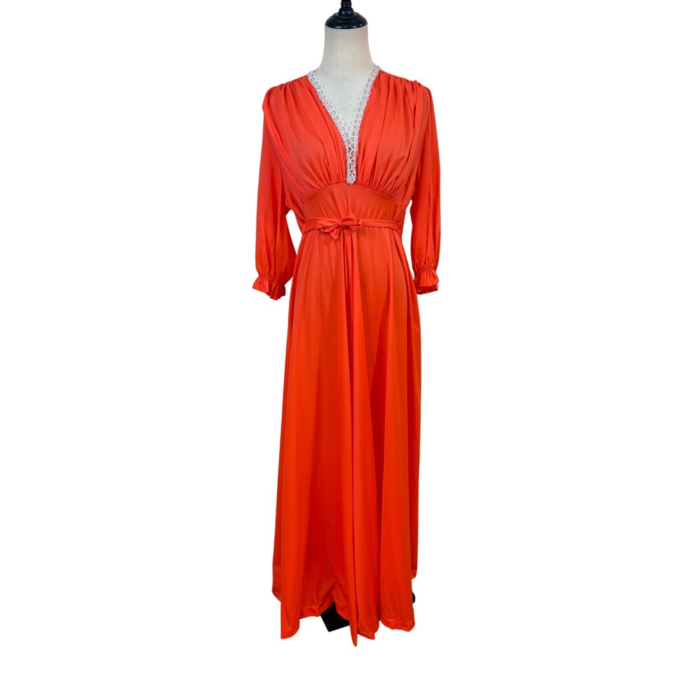 Vtg 70s Maxi Dress Orange empire waist Cape Back beaded Lace Trim Disco groovy